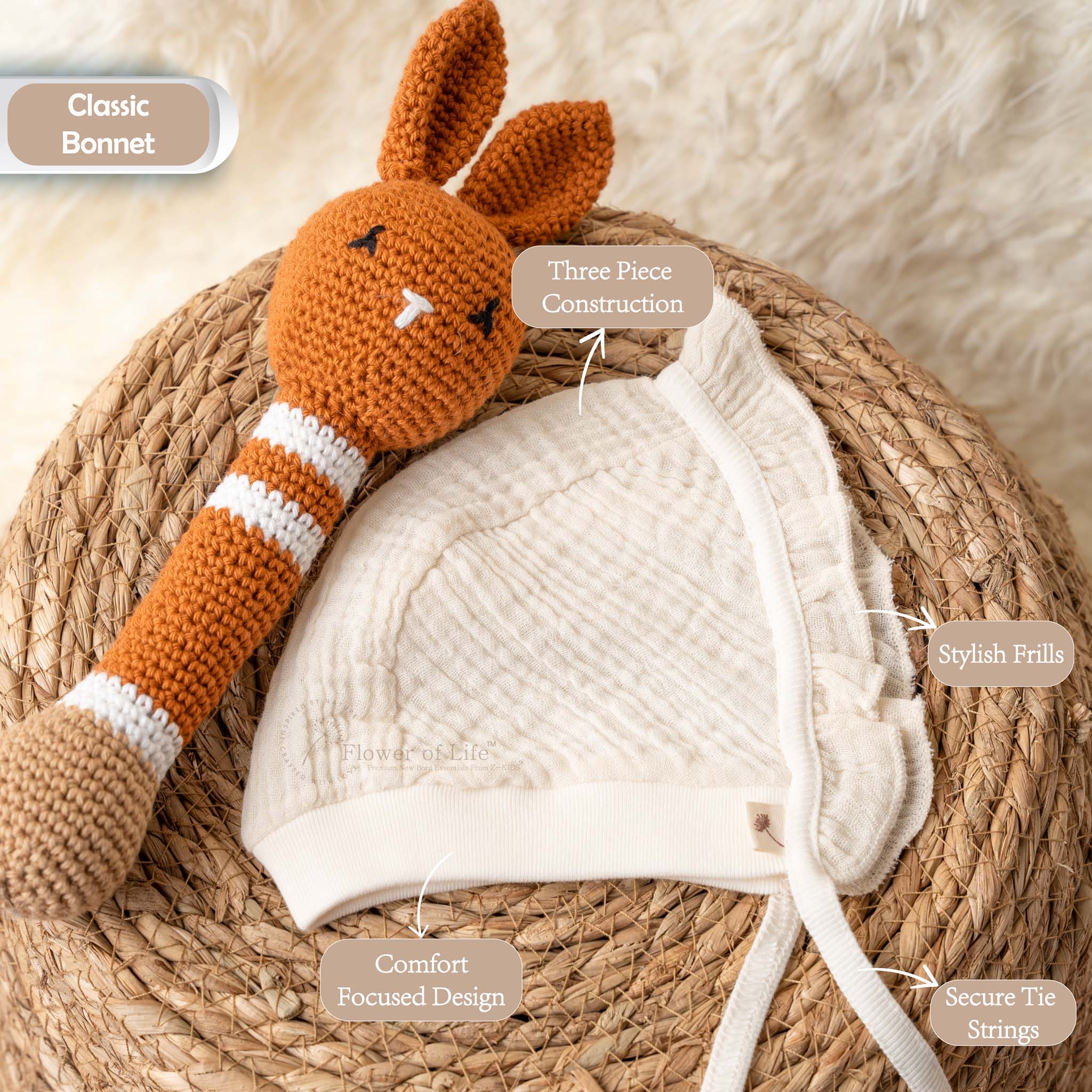 Flower of Life Baby Bonnet from Z-KIDS - Soft Muslin Tie-On Cap (Pack of 2)