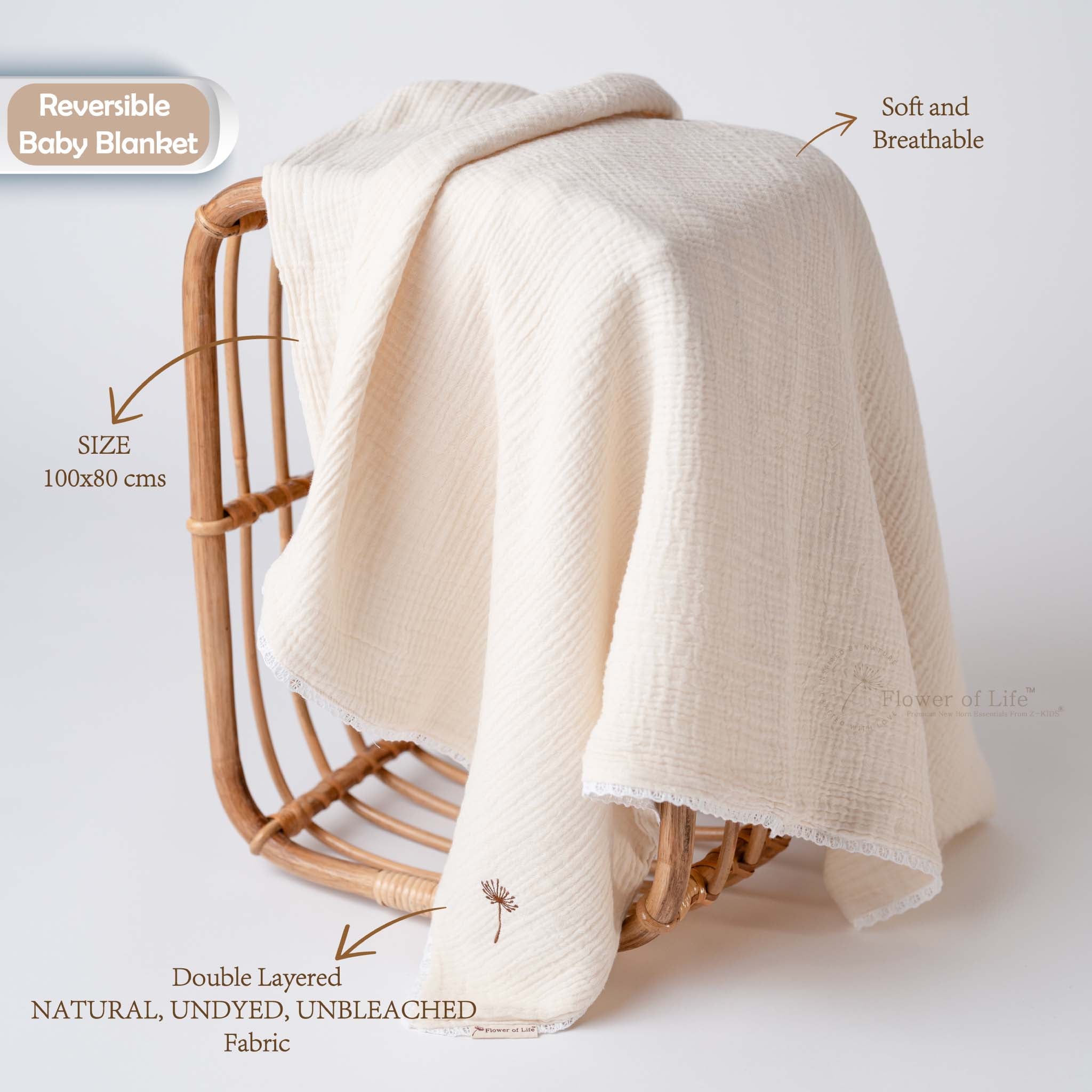 Z-KIDS muslin baby blanket — unbleached cotton, perfect for newborn swaddling and comfort