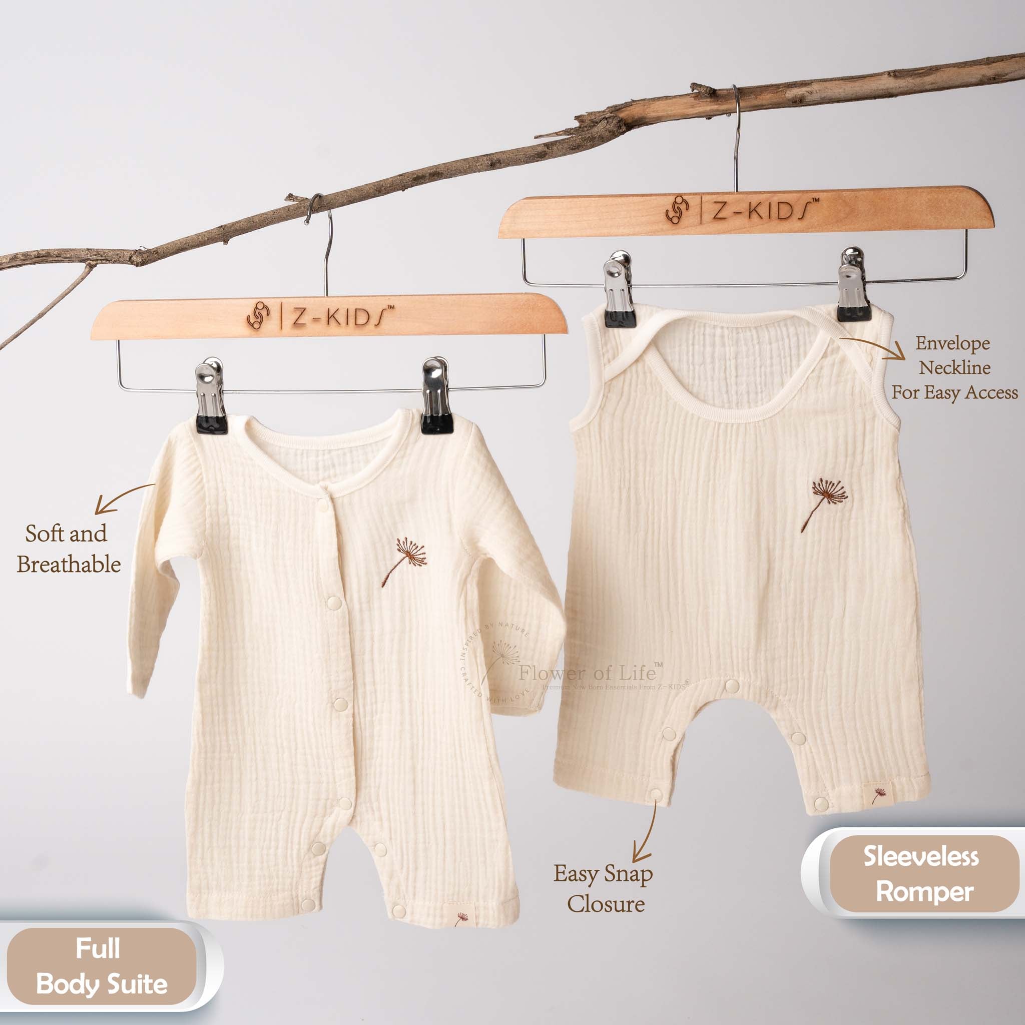 Close-up of Z-KIDS newborn romper with embroidered Flower of Life logo — breathable muslin rompers